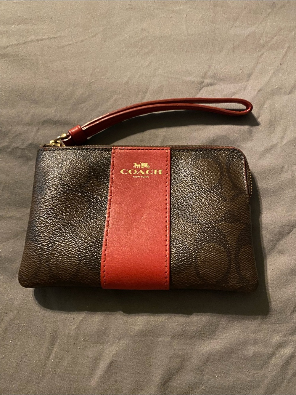 Coach Brown Signature Canvas Wristlet with Red Center Stripe and Strap
